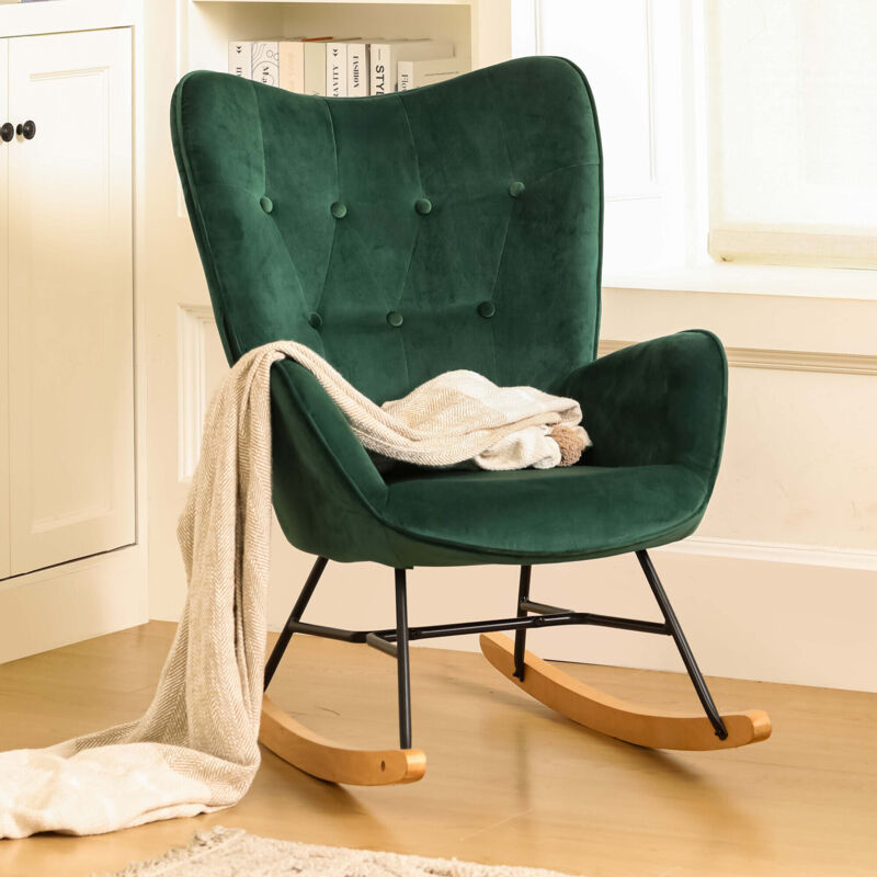 Fauteuil à bascule scandinave en velours vert pieds en bois clair - Urban Meuble