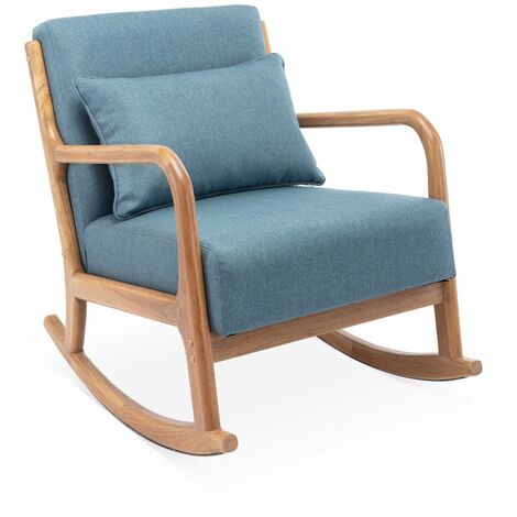 Sweeek – Fauteuil à bascule scandinave bleu – Structure bois solide – Assise épaisse et confortable – Coussins inclus – Dimensions L65xP80xH79cm