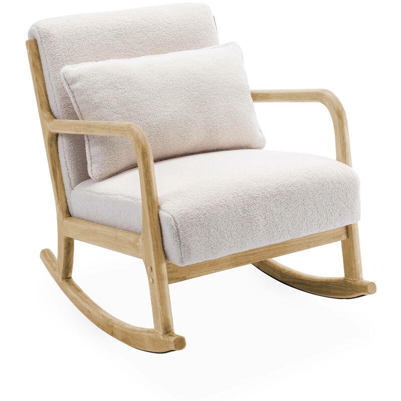 Sweeek - Fauteuil à bascule design en bois et tissu. bouclettes blanches. 1 place. rocking chair scandinave