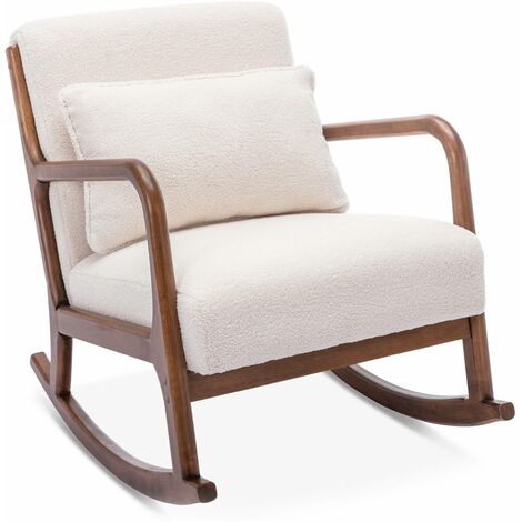 Fauteuil à bascule design en bois et tissu. bouclettes blanches. structure hévéa teinté noyer foncé