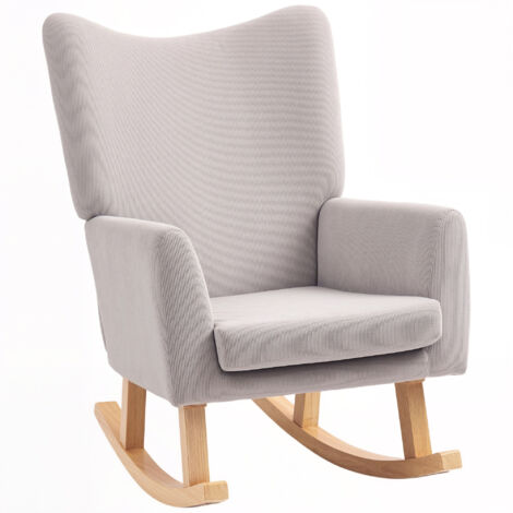 Fauteuil à bascule design rétro, tissu corde, bois d'hévéa, rembourrage mousse, dossier haut, couleur gris clair