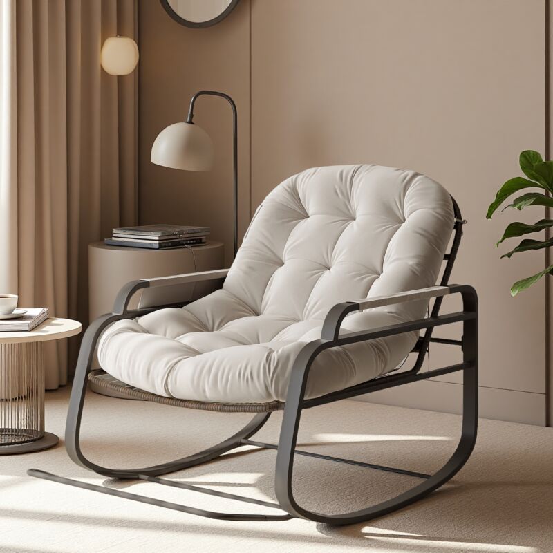 Fauteuil à bascule d'extérieur en rotin et coton imperméable avec rangement – Style Moderne Rocking Chair pour Salon, Balcon et Jardin – Beige