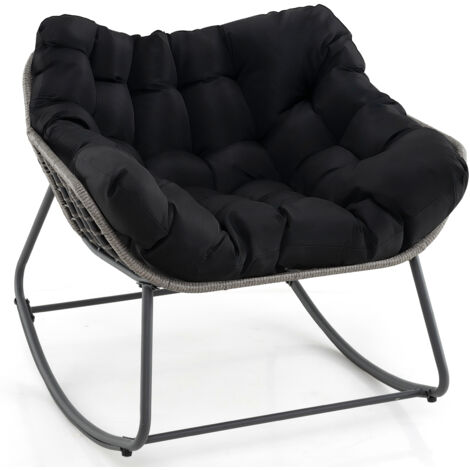 Fauteuil à Bascule d'Extérieur, Fauteuil Œuf Surdimensionné en Osier PE avec Coussin Épais Amovible, 98 x 98 x 87 cm, Charge 150 kg, Noir