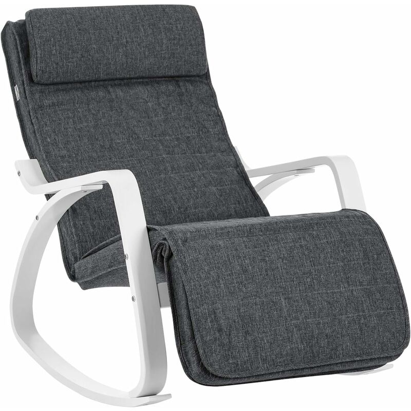 songmics - fauteuil à bascule en bois de bouleau, chaise berçante, avec repose-pieds réglable en 5 angles, imitation lin, capacité de charge 150 kg,