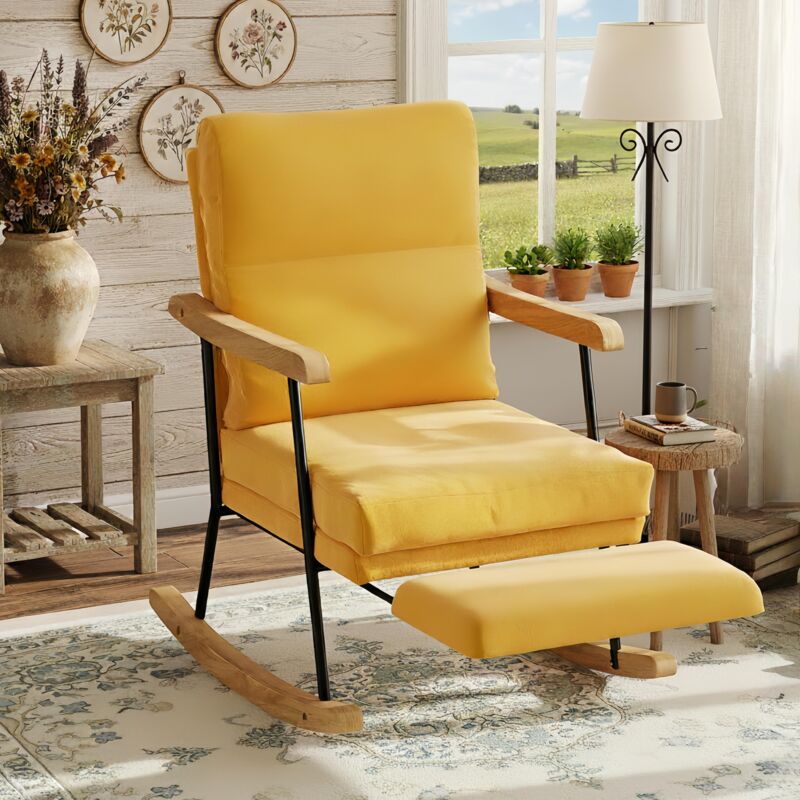 Fauteuil à Bascule en Lin Jaune, Chaise Relax avec Accoudoirs, Repose-pieds et Pieds en Bois Massif, Fauteuil Allaitement Salon Chambre