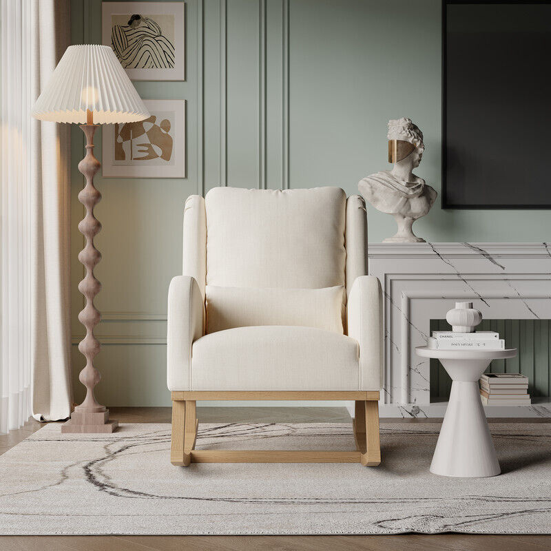 Sureh - Fauteuil à bascule en Lin, rocking chair avec Coussin Rembourré, chaise a bascule Poche Latérale et Accoudoirs, pieds en bois, fauteuil