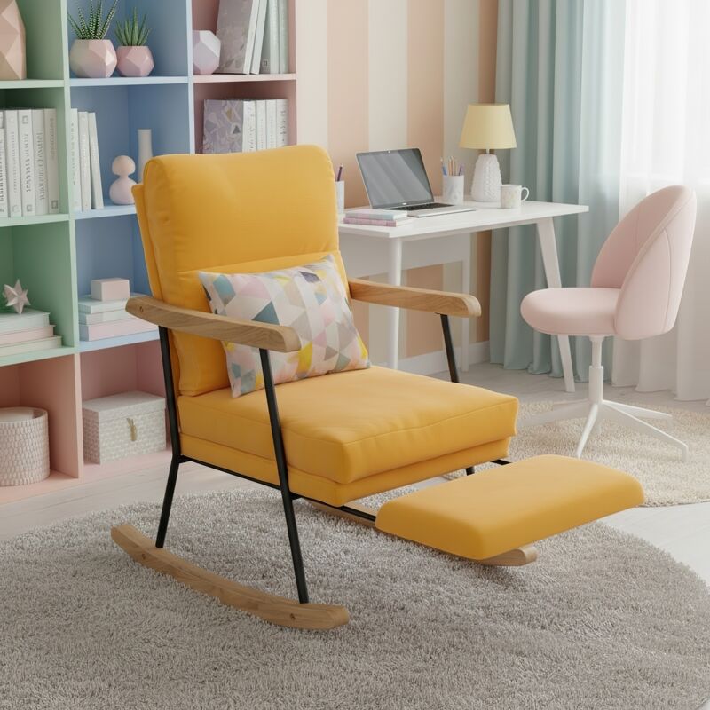 Fauteuil à bascule en lin, style scandinave rocking chair, avec accoudoirs, repose-pieds coulissant, pieds en bois et structure en métal - Jaune