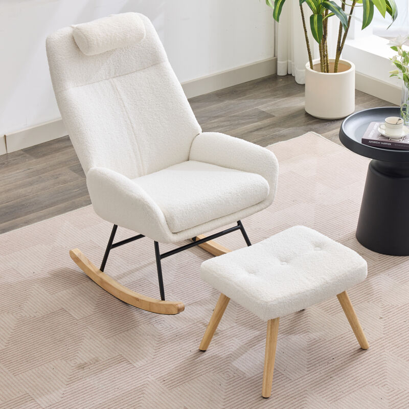 Fauteuil à bascule en peluche Teddy avec repose-tête et repose-pieds, pieds en bois et dossier haut, blanc