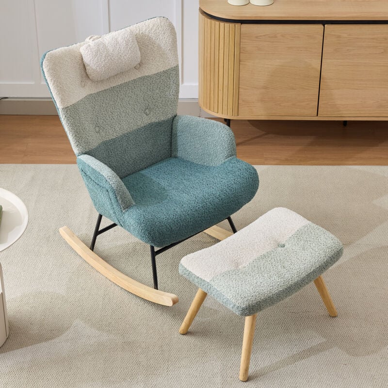 Wishdor - Fauteuil à bascule avec repose-pieds, aspect patchwork à rayures colorées, pieds en bois d'hévéa, pour salon, chambre