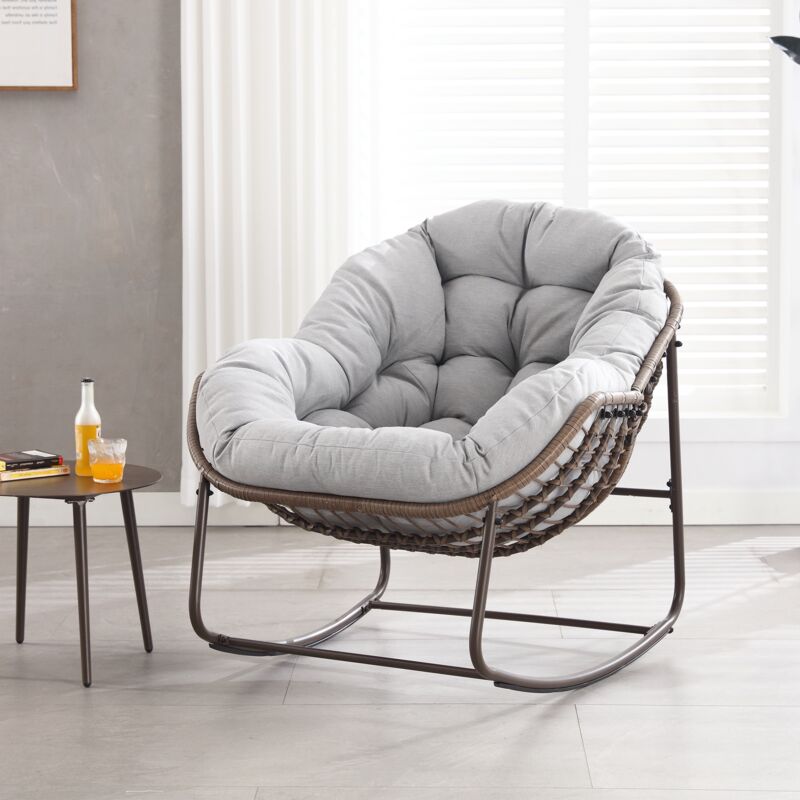 Fauteuil à bascule, en polyrotin, avec cadre de forme d'oeuf en métal, dossier en capitonné, accoudoirs, style scandinave, Rocking chair - Gris clair