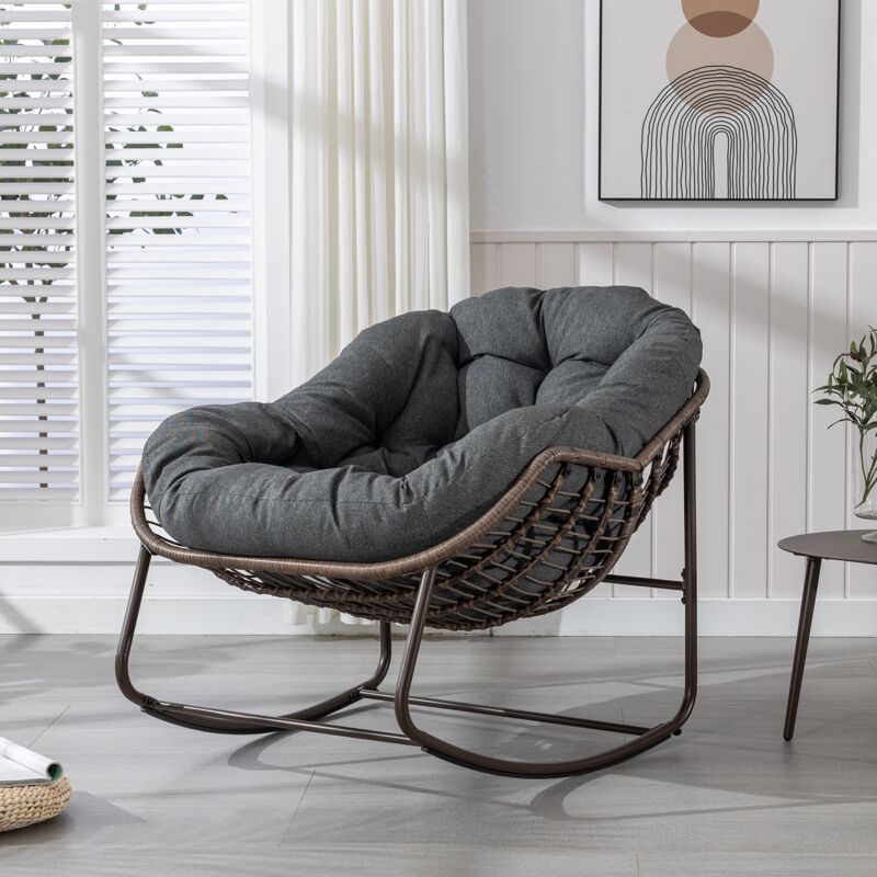 Fauteuil à bascule, en polyrotin, avec cadre de forme d'oeuf en métal, dossier en capitonné, accoudoirs, style scandinave, Rocking chair - Gris