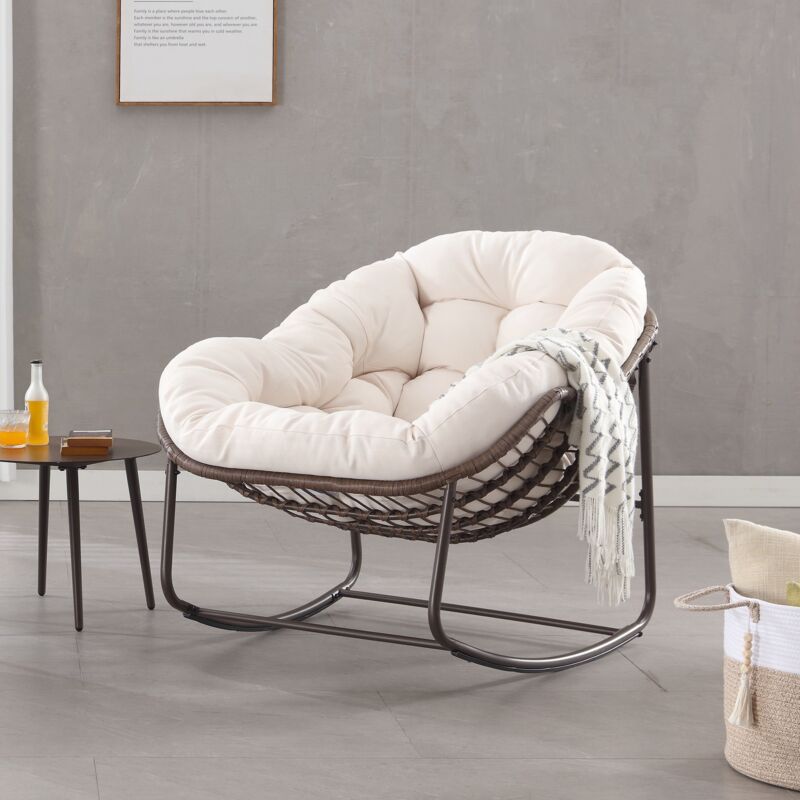Fauteuil à bascule, en polyrotin, avec cadre de forme d'oeuf en métal, dossier en capitonné, accoudoirs, style scandinave, Rocking chair - Blanc
