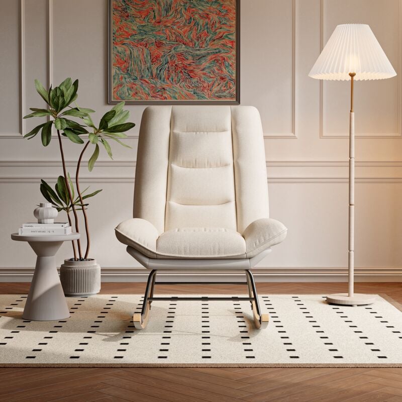 Rocking chair, Fauteuil à bascule en tissu, Inclinaison réglable, pieds en bois et dossier confortable, Convient pour le salon et la chambre, Beige