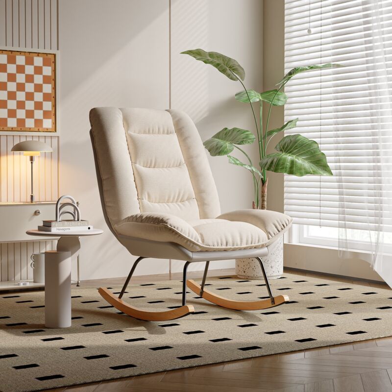 Fauteuil à bascule, chaise à bascule décontracté, dossier réglable, pieds en bois,, chaise à bascule en tissu, fauteuil allaitement, Beige