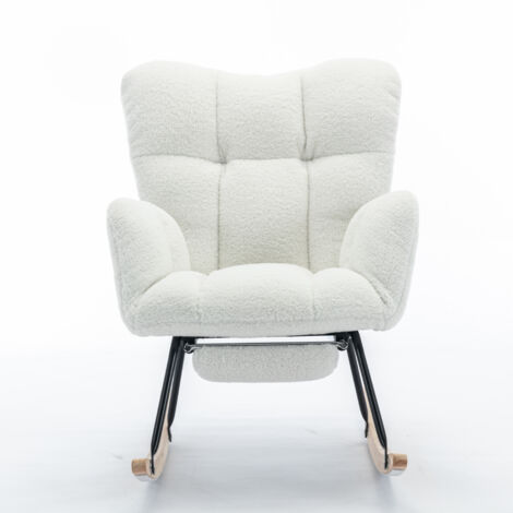 Fauteuil à Bascule  en tissu teddy, Rocking Chair Avec Repose-Pieds, Blanc