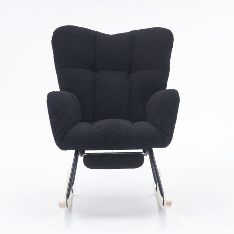 Fauteuil à Bascule en tissu teddy, Rocking Chair Avec Repose-Pieds, Noir