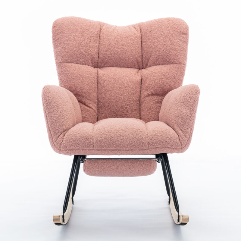 Fauteuil à Bascule en tissu teddy, Rocking Chair Avec Repose-Pieds, Rose