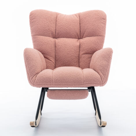 Fauteuil à Bascule en tissu teddy, Rocking Chair Avec Repose-Pieds, Rose