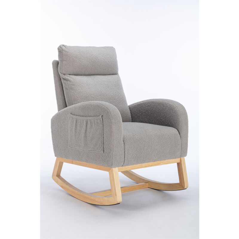 Fauteuil à bascule en tissu Teddy Rocking chair Modern Siège rembourré pour salon chambre à coucher, gris clair