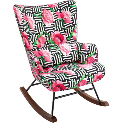 Fauteuil à bascule en velours avec cadre métallique et détails en bois