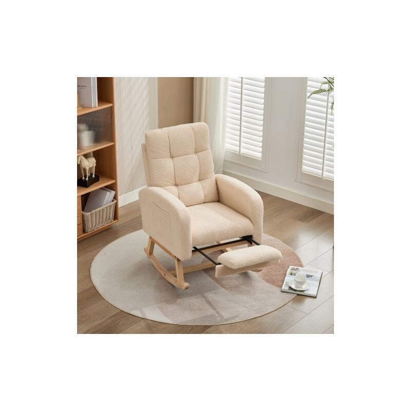 Fauteuil à bascule en velours Teddy avec repose-pieds rétractable, poches d'accoudoirs, cadre en bois massif, pour salon, chambre, beige