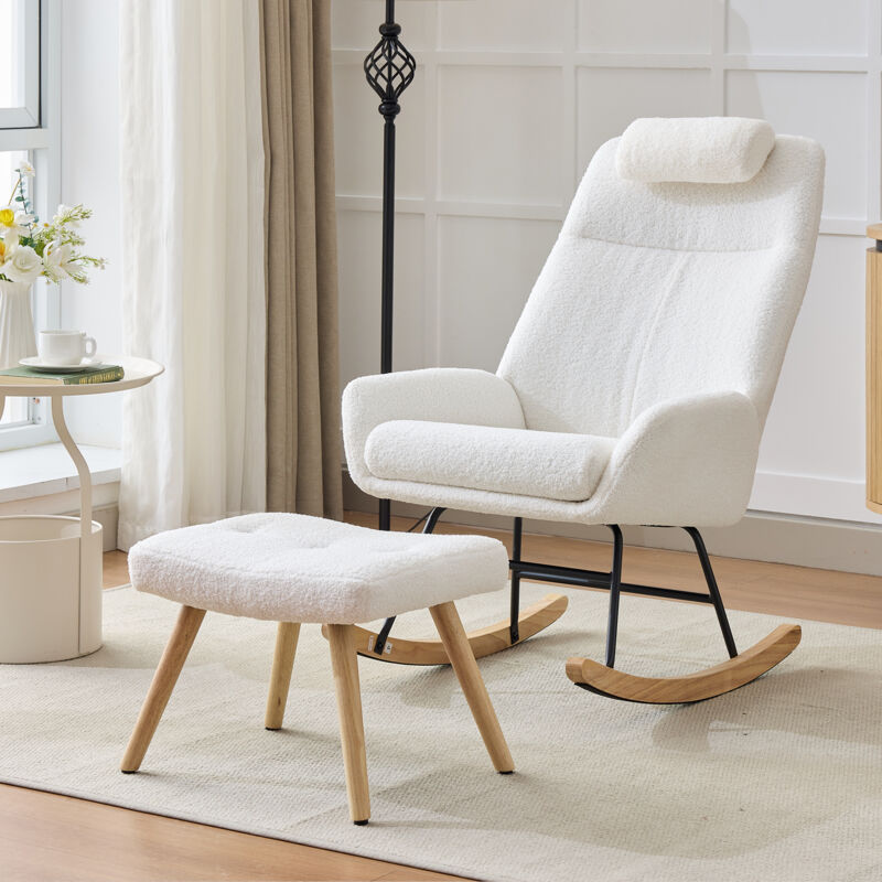 Fauteuil à bascule en velours Teddy, fauteuil aspect blanc, pieds en hévéa, cadre en fer moulé par injection, fauteuil de salon, fauteuil de chambre