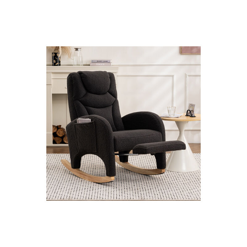 Wishdor - Fauteuil à bascule en tissu Teddy avec repose-pieds,chaise à bascule capitonné, avec poches d'accoudoirs, conception à dossier haut, gris