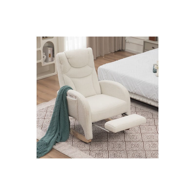 Wishdor - Fauteuil à bascule en tissu Teddy avec repose-pieds,chaise à bascule capitonné avec poches d'accoudoirs, conception à dossier haut, blanc