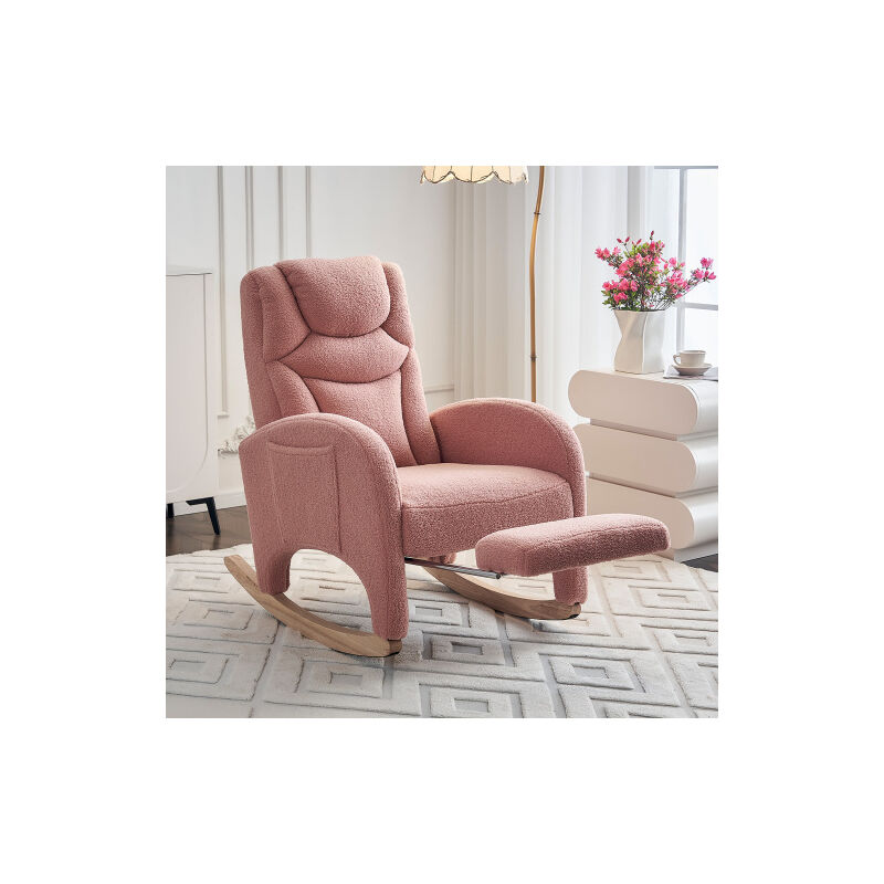 Wishdor - Fauteuil à bascule en tissu Teddy avec repose-pieds,chaise à bascule capitonné, avec poches d'accoudoirs, conception à dossier haut, rose