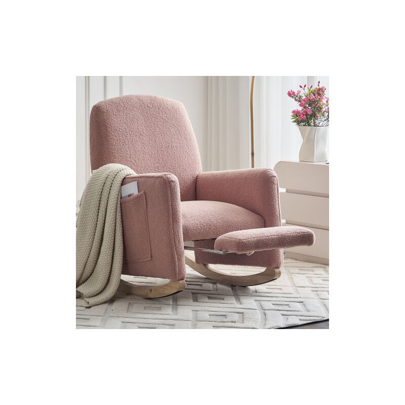 Fauteuil à bascule en tissu Teddy avec repose-pieds, avec poches d'accoudoirs, conception à dossier haut, rose