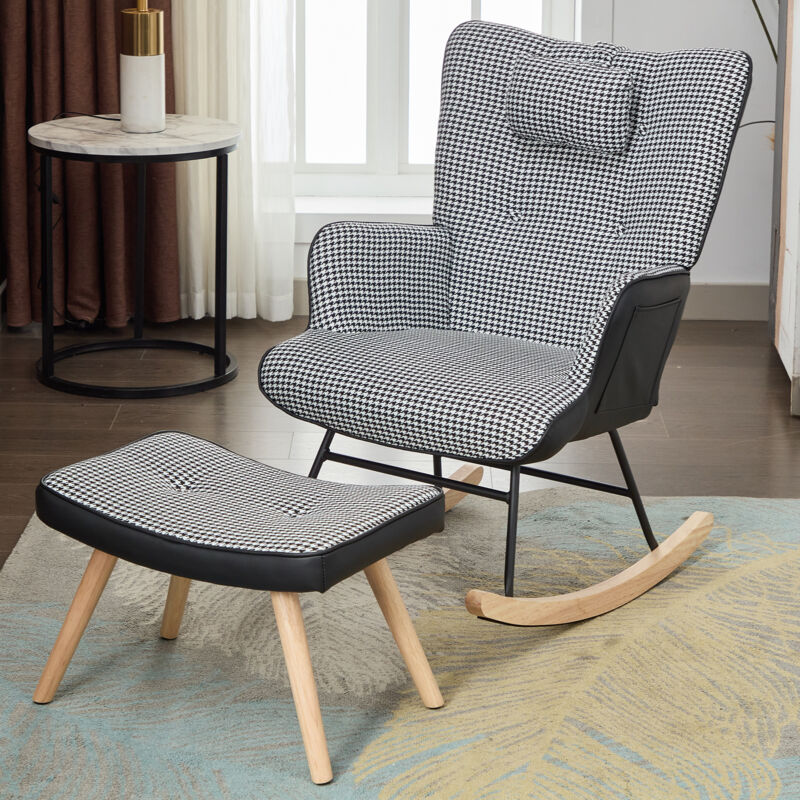 Fauteuil à bascule avec poche latérale, coussin en mousse haute élasticité avec repose-pieds et appui-tête, fauteuil de salon, blanc et noir