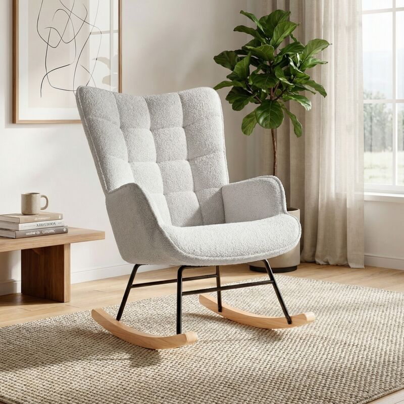 Rocking chair, fauteuil à bascule, chaise allaitement, confortable, relaxant, dossier haut, pieds en bois massif, mousse haute densité, flanelle Rocking chair, fauteuil à bascule, chaise allaitement, confortable, relaxant, dossier haut, pieds en bois massif, mousse haute densité, flanelle