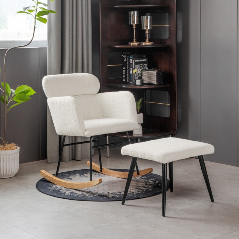 Légante chaise à bascule blanche d'une hauteur de 82 cm et d'une largeur d'assise de 45 cm - comprenant un repose-pieds blanc (524140 cm), un cadre