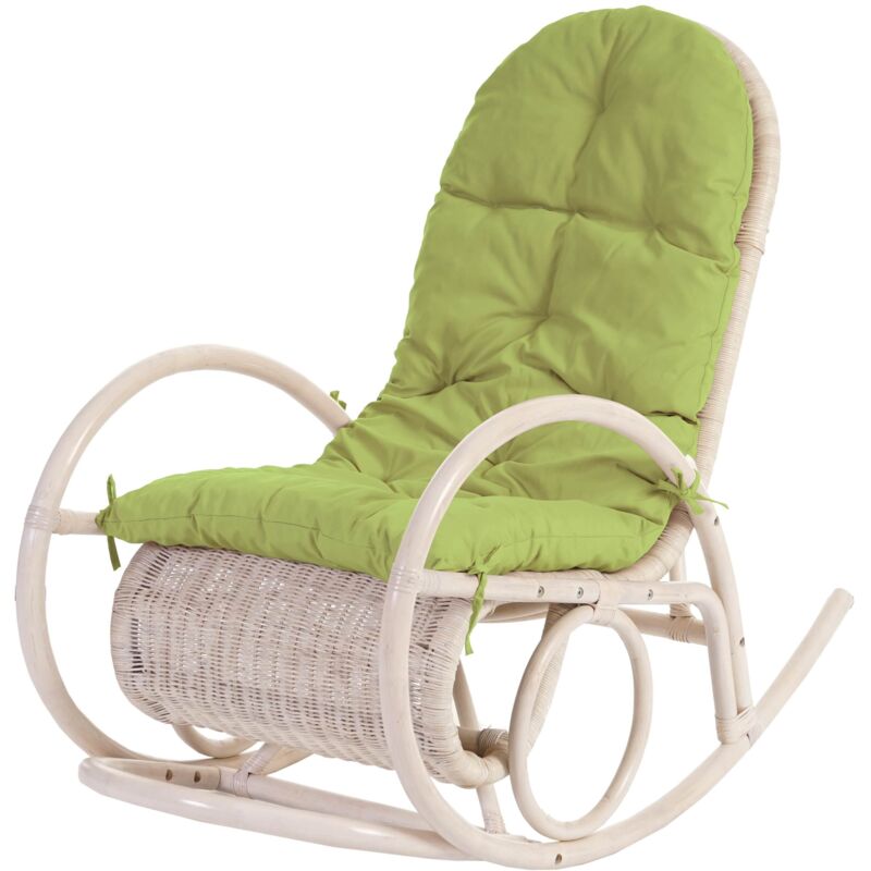 Jamais utilisé] Fauteuil à bascule Esmeraldas, rocking-chair, fauteuil en rotin, blanc, rembourrage vert