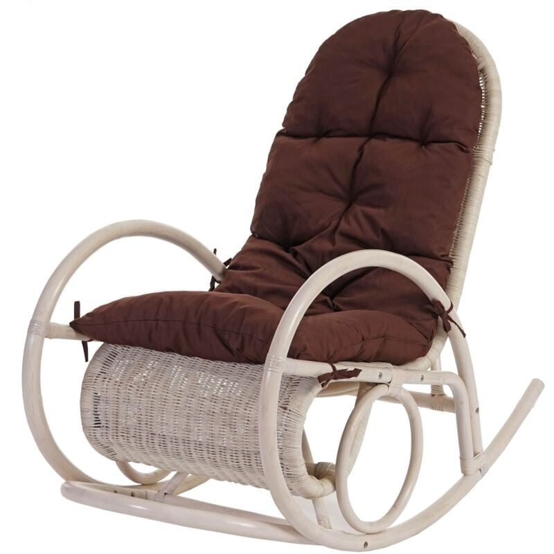 Jamais utilisé] Fauteuil à bascule Esmeraldas, rocking-chair, fauteuil en rotin, blanc, rembourrage marron