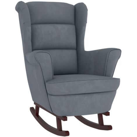 Fauteuil à bascule et pieds en bois d'hévéa et velours gris foncé extra confort DEC029142