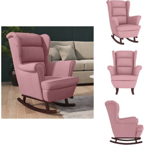 Fauteuil à bascule et pieds en bois massif d'hévéa Rose Velours - Fauteuil À Bascule - Fauteuil Rose - Fauteuil Velours - Meuble Décoratif - Chaise Relaxante