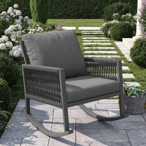 Fauteuil à bascule extérieur en corde tressée, structure métal, coussins confortables, charge 120 kg, jardin/terrasse
