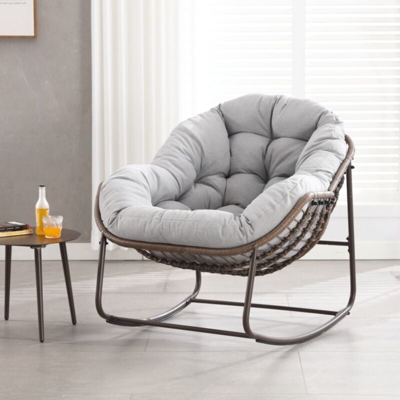 Fauteuil à bascule, extra large en forme d'œuf en osier avec coussin doux et épais, style salon moderne pour balcon, porche, jardin, cour, terrasse –