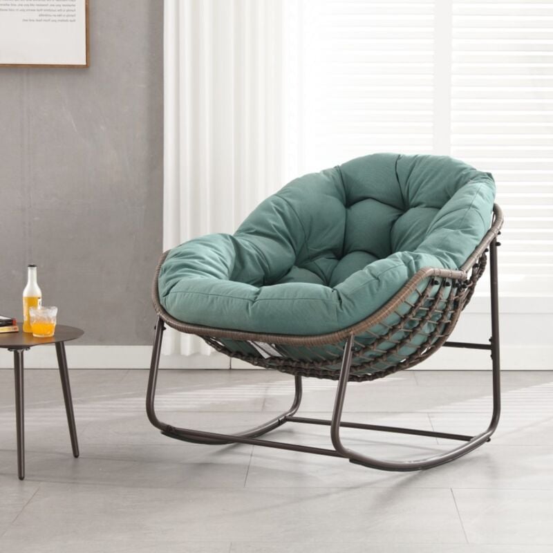 Fauteuil à bascule, extra large en forme d'œuf en osier avec coussin doux et épais, style salon moderne pour balcon, porche, jardin, cour, terrasse –