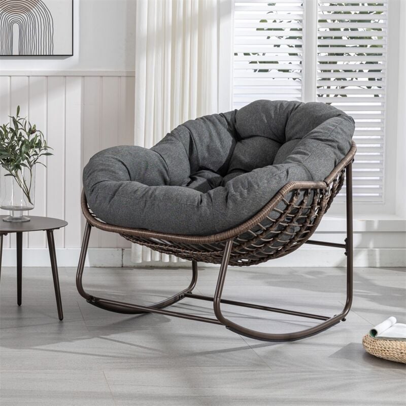 Fauteuil à bascule, extra large en forme d'œuf en osier avec coussin doux et épais, style salon moderne pour balcon, porche, jardin, cour, terrasse –