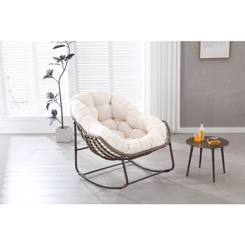 Fauteuil à bascule, extra large en forme d'œuf en osier avec coussin doux et épais, style salon moderne pour balcon, porche, jardin, cour, terrasse –