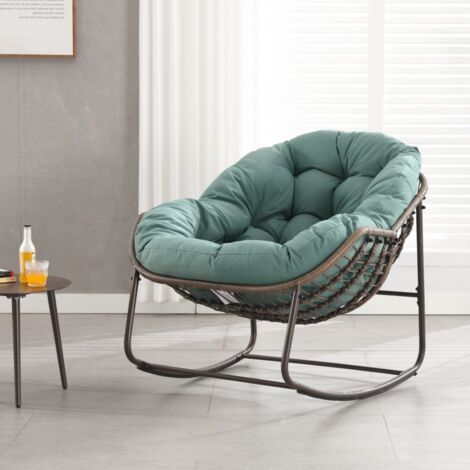 Fauteuil à bascule, extra large en forme d'œuf en osier avec coussin doux et épais, style salon moderne pour balcon, porche, jardin, cour, terrasse – Vert