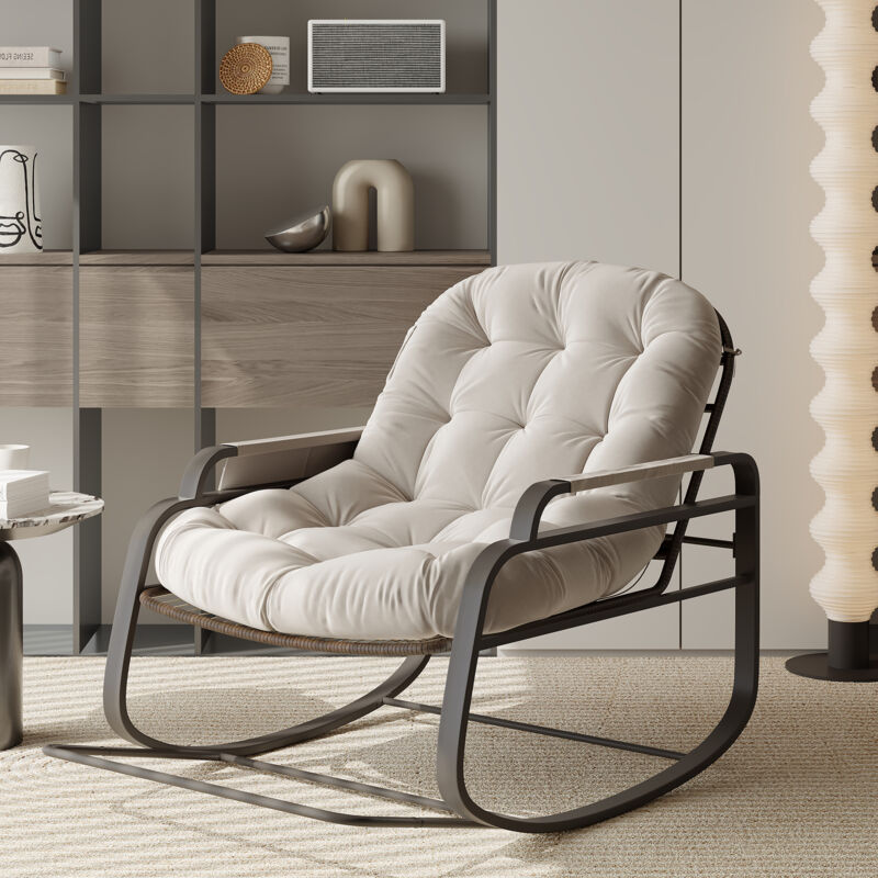 Fauteuil à bascule extra large en rotin tissé avec coussin épais – Acier thermolaqué–Rocking chair de Jardin– 130x95x88cm – Charge 250kg pour Chambre