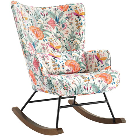 Fauteuil à bascule Fauteuil à bascule floral avec cadre métallique et base en bois Fauteuil oscillant Relaxchair Fauteuil rétro