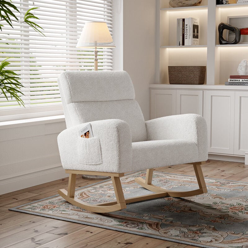 Fauteuil à bascule, Fauteuil Allaitement Rocking Chair en Tissu Effet Laine Bouclée, Fauteuil de Relaxation avec Cadre en Bois, Poche Latérale, pour