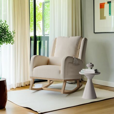 Fauteuil à bascule, fauteuil de détente, fauteuil ergonomique, tissu velours, pieds bois et métal, idéal pour le salon et la chambre, beige (livraison depuis la France).