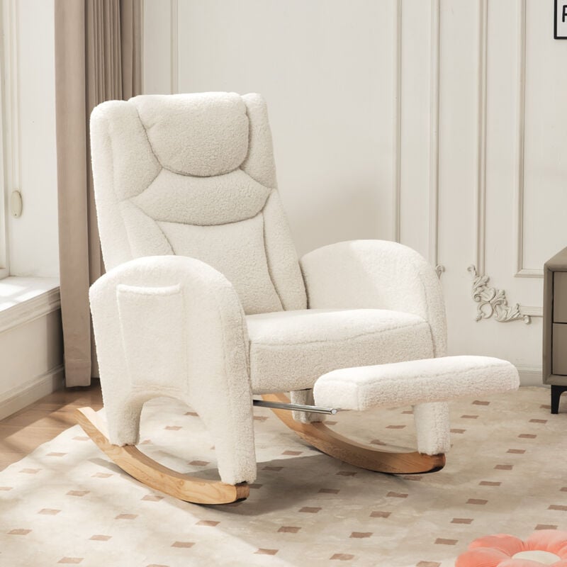 Redom - Fauteuil à bascule, fauteuil inclinable, chaise de salon avec accoudoirs, fauteuil à bascule rembourré, tissu teddy, blanc