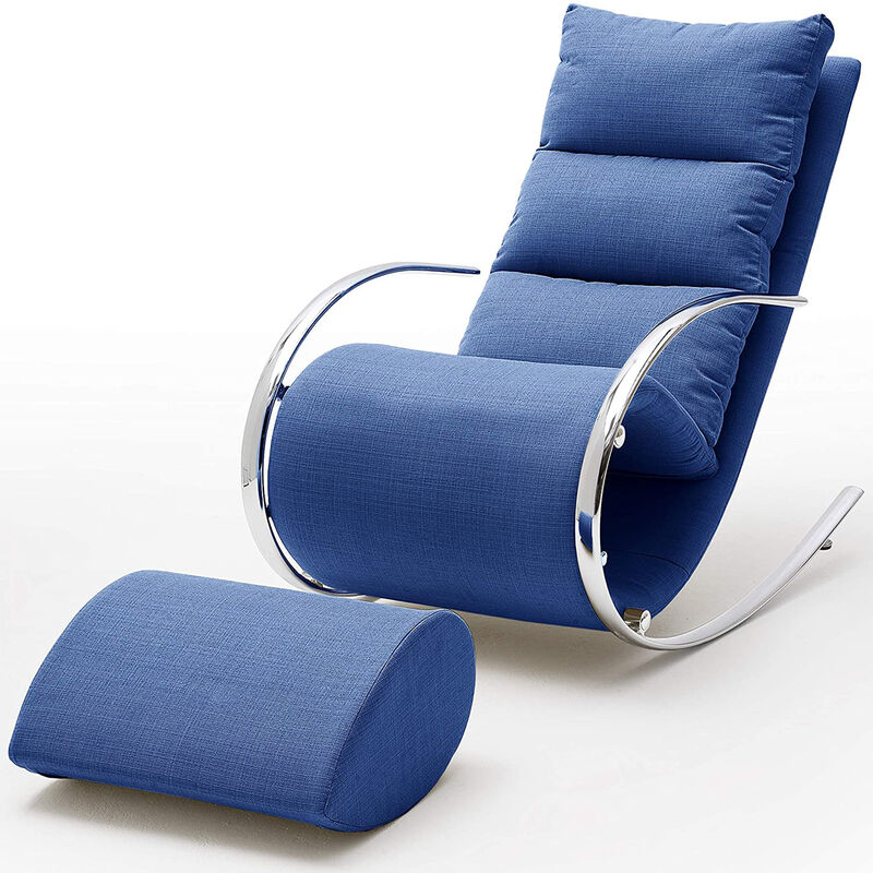 fauteuil a bascule / fauteuil relax avec tabouret tissu tisse bleu - pegane