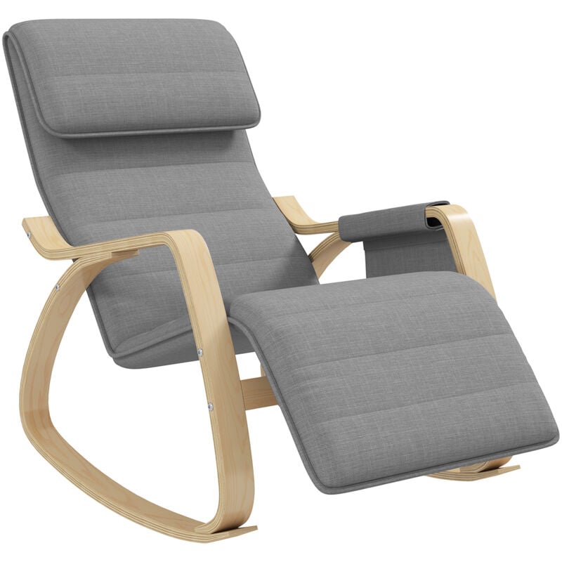 Fauteuil à bascule - fauteuil relax repose-pied réglable, poche rangement, tétière - bois tissu gris